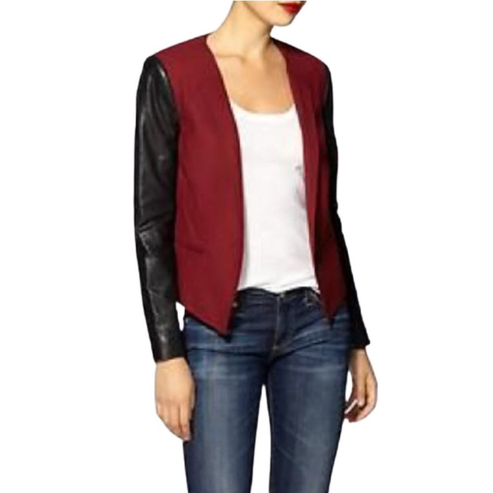 Rebecca Minkoff Burgundy Open-Front Jacket with Black Leather Sleeves